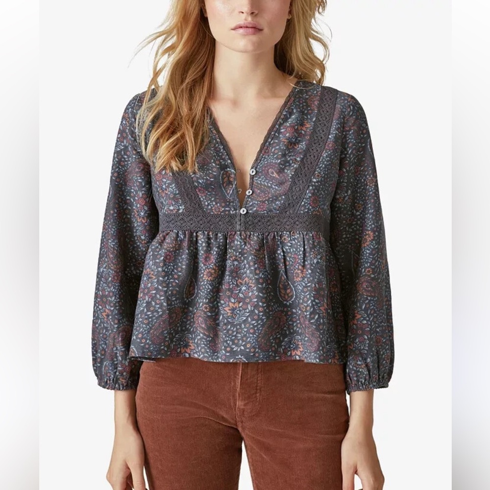 Lucky Brand Printed Lace Inset Babydoll Top - Size S